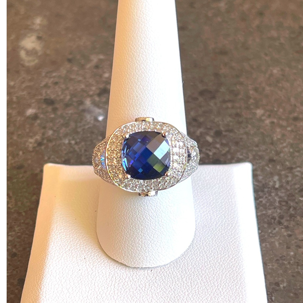 Sterling Silver Cushion-Cut Blue Simulated Sapphire &CZ Halo Statement Ring SZ10 - Picture 2 of 10